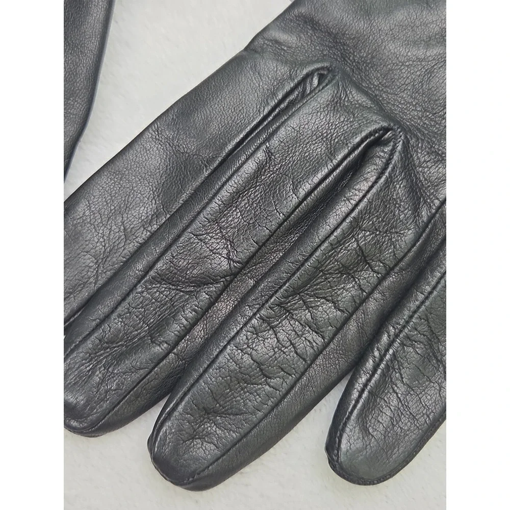 Black Leather Gloves Italy Fur Trim 100% Silk Lining Size M Women's Vintage